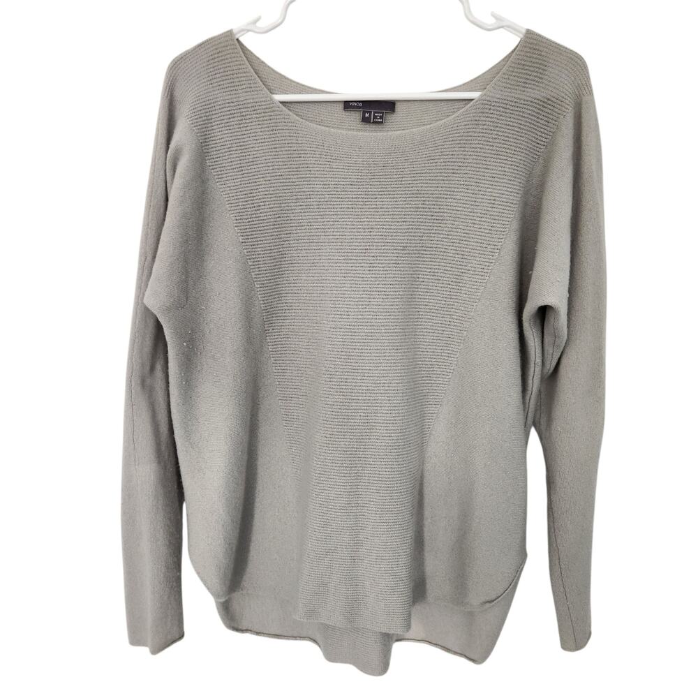 Vince Light Gray Scoop-Neck Ribbed Front Knit Sweater